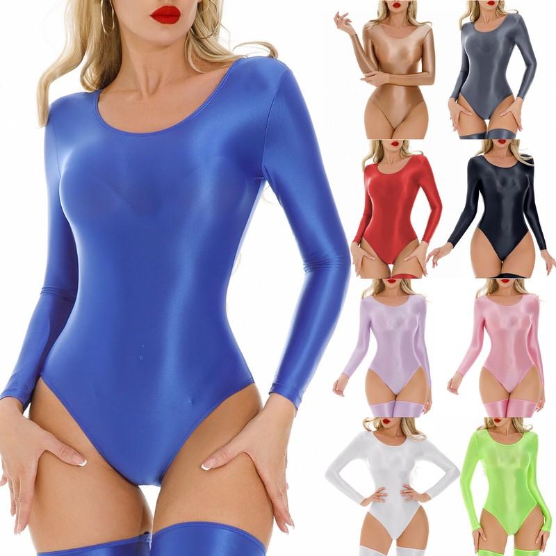 Womens Bodysuit Dance Rompers Party Jumpsuit Long Sleeves Bodystocking Shiny Oil