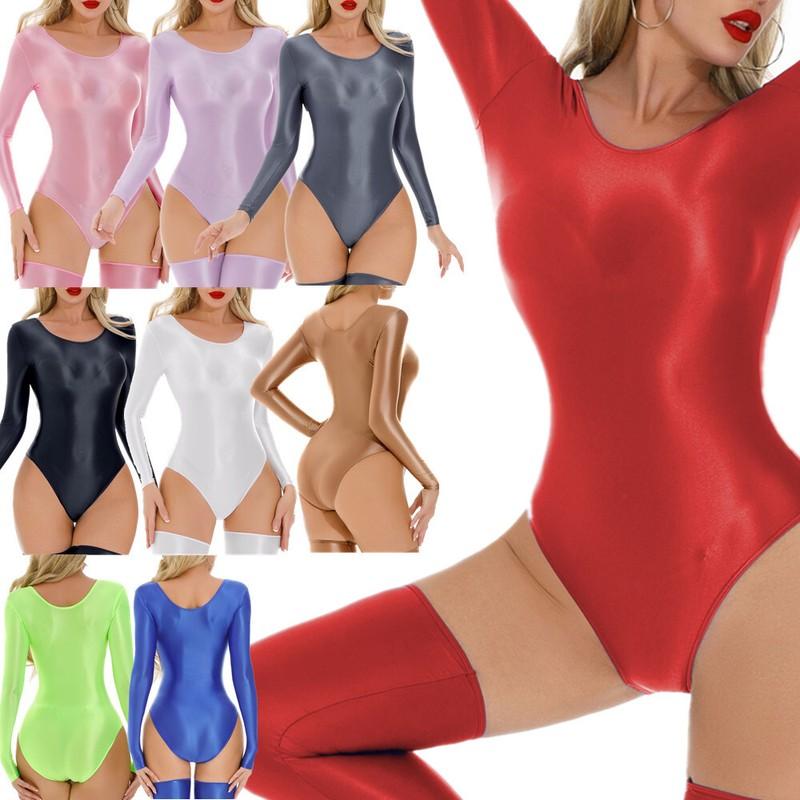 Womens Bodysuit Dance Rompers Party Jumpsuit Long Sleeves Bodystocking Shiny Oil