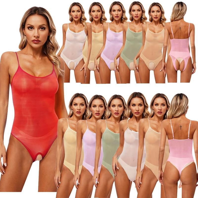 Womens Bodysuit Glossy Lingerie Stretchy Leotrad See Through Clubwear Sexy Mesh