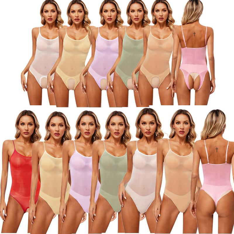 Womens Bodysuit Glossy Lingerie Stretchy Leotrad See Through Clubwear Sexy Mesh