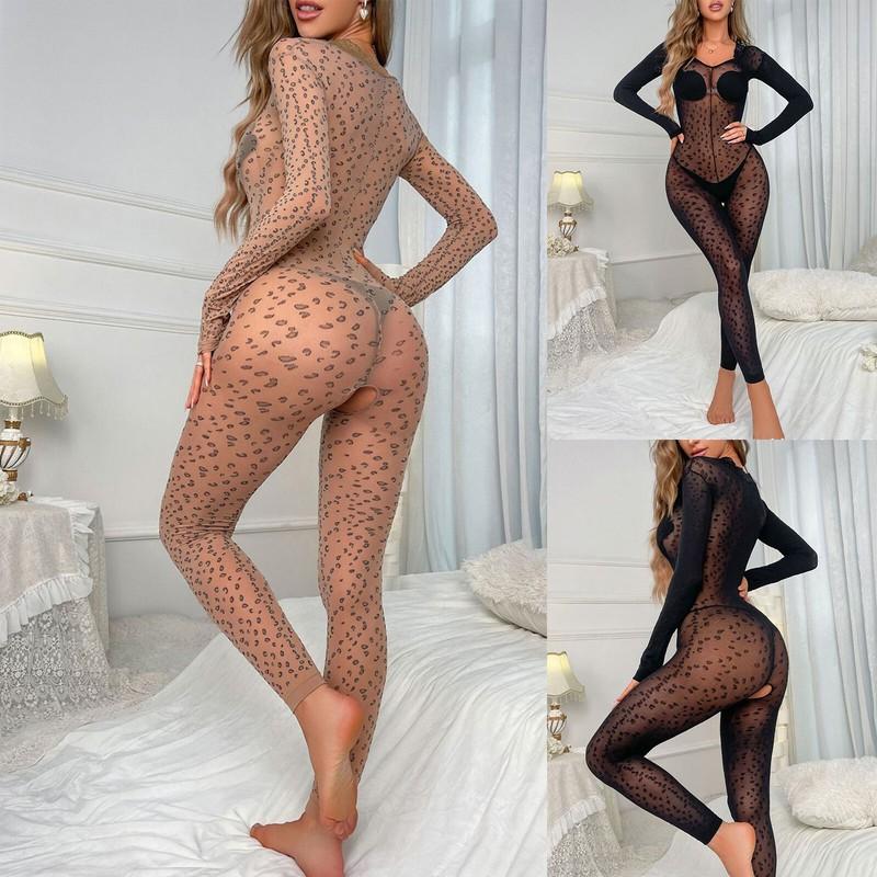 Womens Bodysuit Mesh Jumpsuit Temptation Bodystockings Leopard Print Nightwear