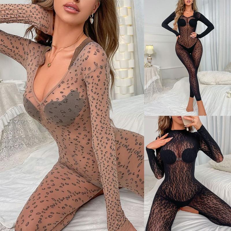 Womens Bodysuit Mesh Jumpsuit Temptation Bodystockings Leopard Print Nightwear