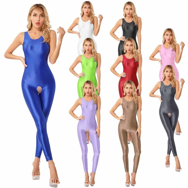 Womens Bodysuit Solid Color Leotard Oil Jumpsuits Teddy Tights U Neck Catsuit