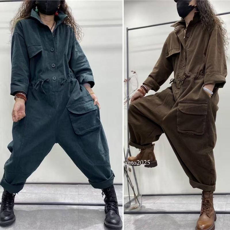 Womens Casual One-Piece Jumpsuits Pants Long Sleeves Loose Overalls Trousers