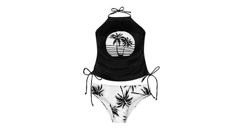 Womens Coconut Tree Drawstring Halter Tankini Set Two-Piece Tankini Set BLACK L