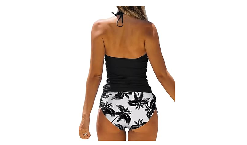 Womens Coconut Tree Drawstring Halter Tankini Set Two-Piece Tankini Set BLACK L