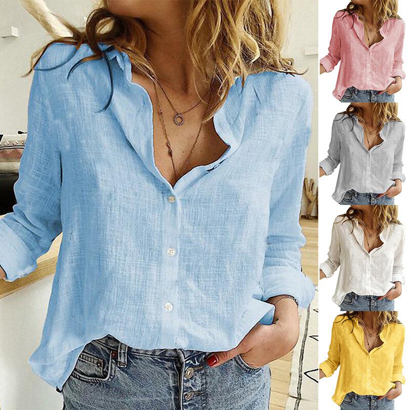 Womens Cotton Linen Plain Blouse Tops Ladies Baggy Long Sleeve Casual T-Shirt