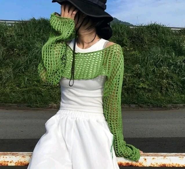 Womens Crochet Crop Tops Y2k Knit Shrug Sweater Hollow Out Long Sleeve Bikini