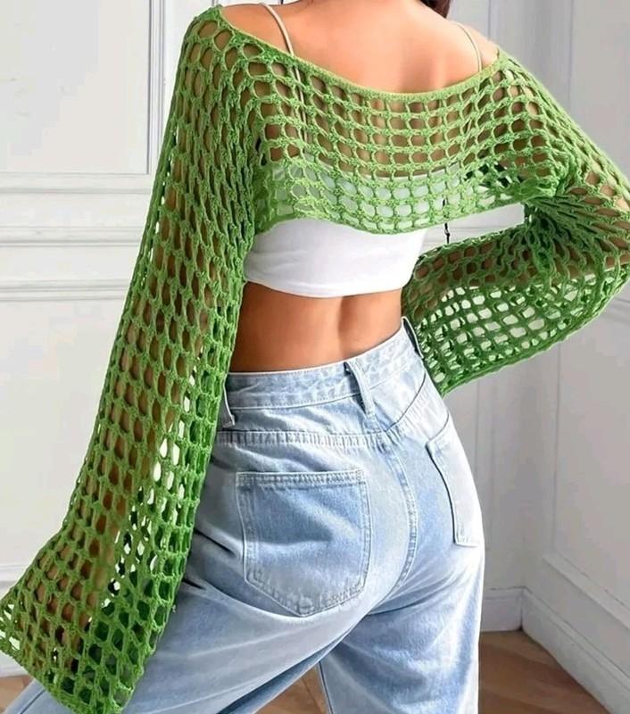 Womens Crochet Crop Tops Y2k Knit Shrug Sweater Hollow Out Long Sleeve Bikini