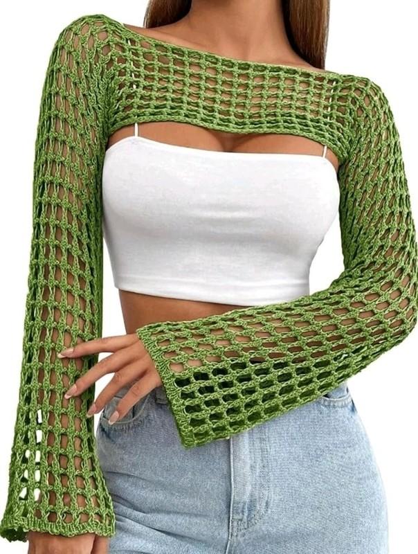 Womens Crochet Crop Tops Y2k Knit Shrug Sweater Hollow Out Long Sleeve Bikini