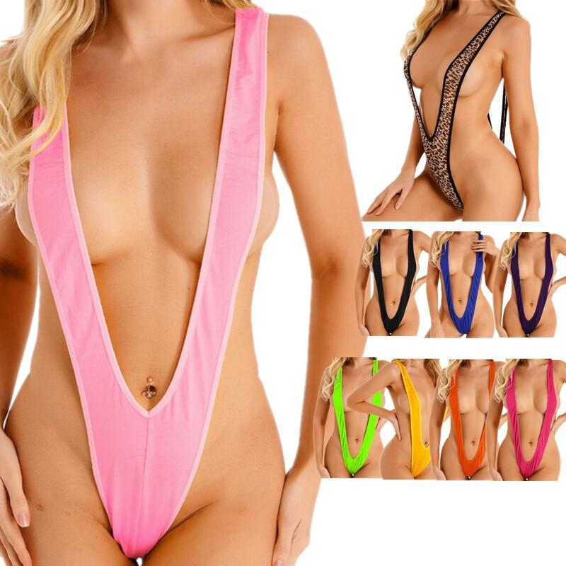 Womens Deep V Neck Monokini One-Piece Bathing Suit Swimsuit Bodysuit Swimwear