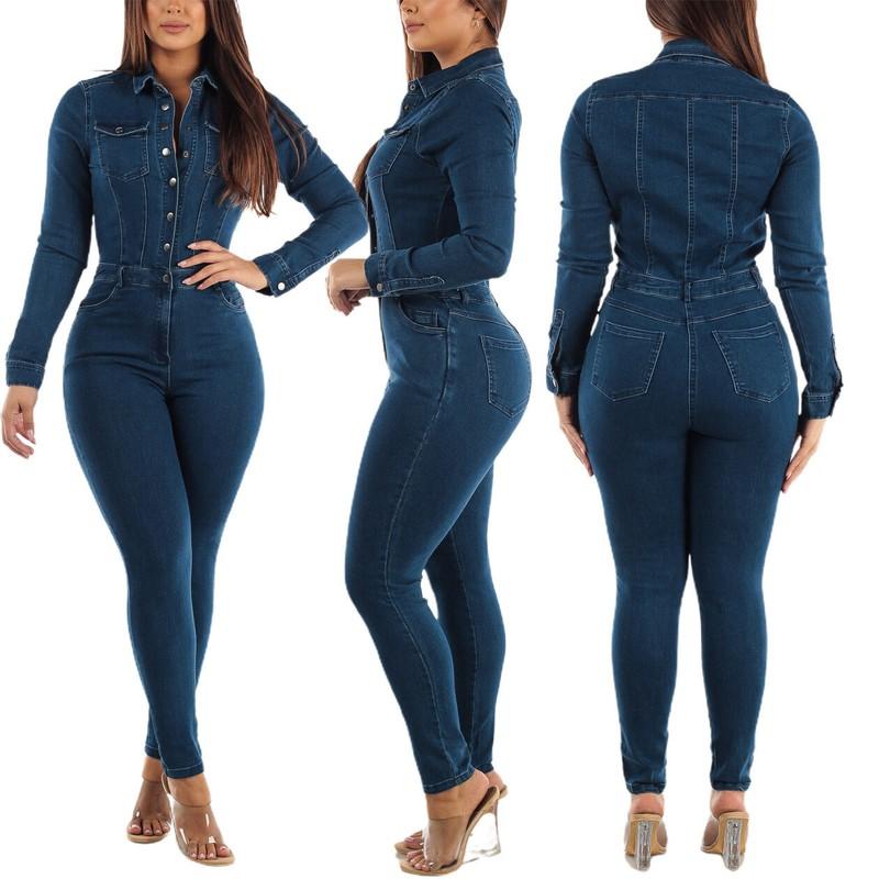 Womens Denim Jumpsuit All in One Jumpsuit Highwaisted Jumpsuit Long Sleeve