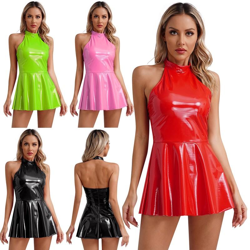 Womens Dress Wet Look Dresses Skater Skirt Party Nightwear S-4XL Clubwear Mini