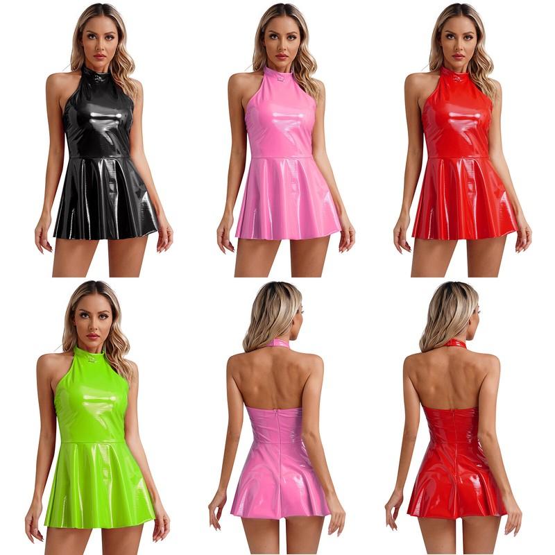 Womens Dress Wet Look Dresses Skater Skirt Party Nightwear S-4XL Clubwear Mini
