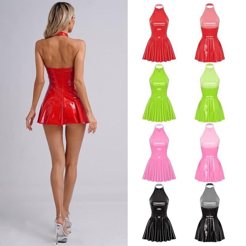 Womens Dress Wet Look Dresses Skater Skirt Party Nightwear S-4XL Clubwear Mini