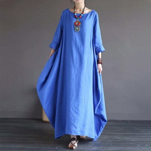 Womens Ethnic Style Cotton Linen 3/4 Sleeves Maxi Dress Oversize Loose Long Gown