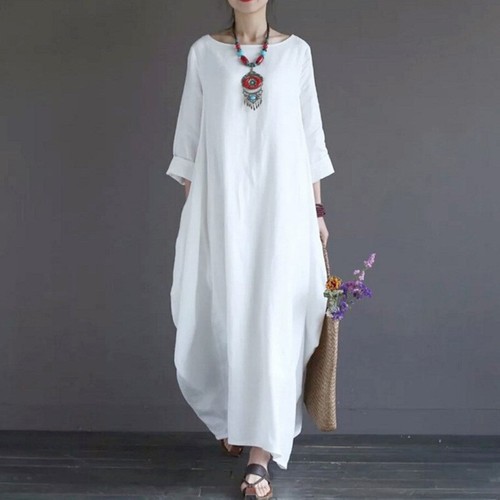 Womens Ethnic Style Cotton Linen 3/4 Sleeves Maxi Dress Oversize Loose Long Gown