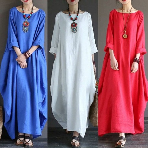 Womens Ethnic Style Cotton Linen 3/4 Sleeves Maxi Dress Oversize Loose Long Gown