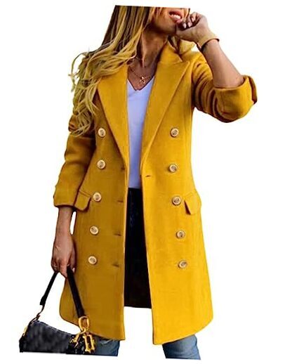 Womens Fall Winter Wool Coats Double Breasted Midi Peacoat Medium Yellow