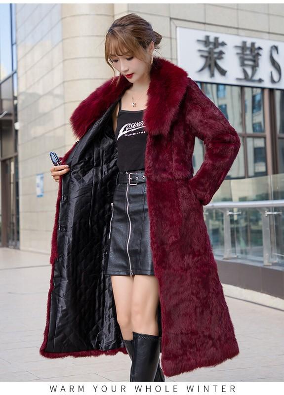 Womens Fox Fur Collar Real Rabbit Fur Long Jacket Outwear Coat Winter Warm Parka