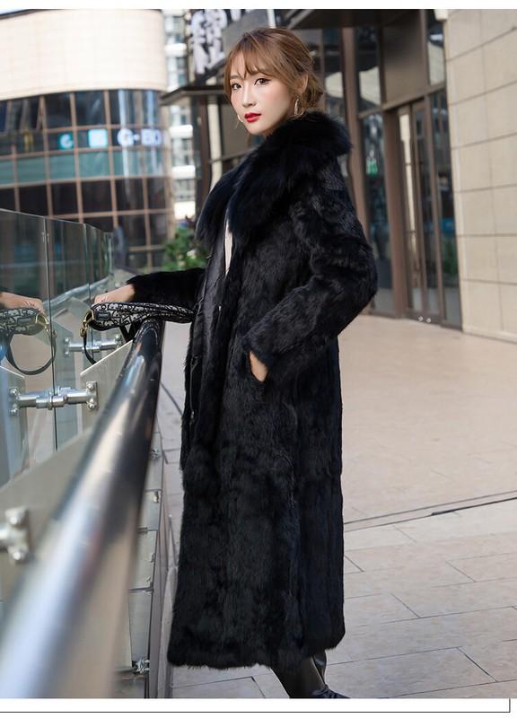Womens Fox Fur Collar Real Rabbit Fur Long Jacket Outwear Coat Winter Warm Parka