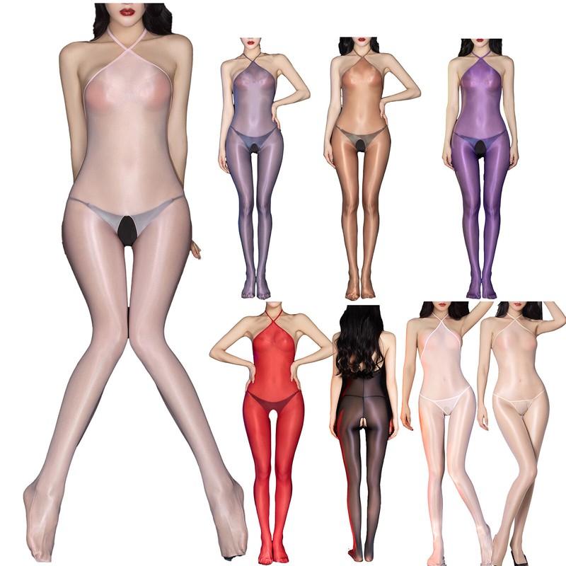 Womens Glossy Backless Lace-up Jumpsuits See-through Open Crotch Tights Bodysuit