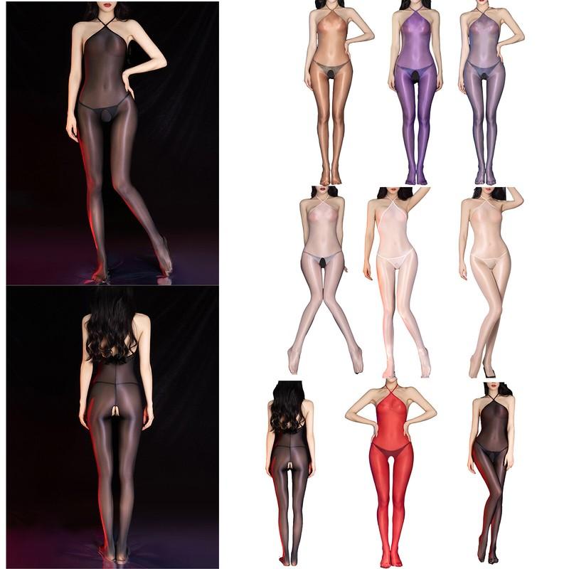 Womens Glossy Backless Lace-up Jumpsuits See-through Open Crotch Tights Bodysuit