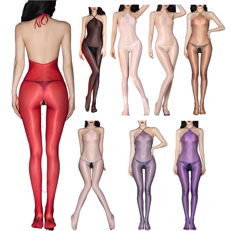 Womens Glossy Backless Lace-up Jumpsuits See-through Open Crotch Tights Bodysuit
