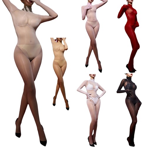 Womens Glossy Body Stretchy Tights Sexy See Through Back Zipper Catsuit