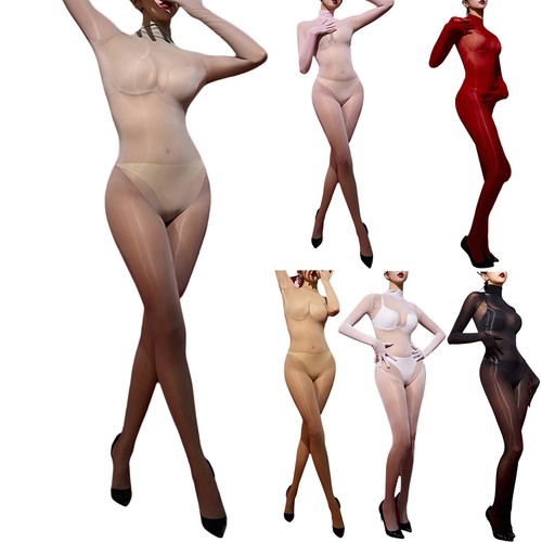 Womens Glossy Body Stretchy Tights Sexy See Through Back Zipper Catsuit