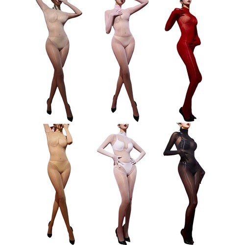 Womens Glossy Body Stretchy Tights Sexy See Through Back Zipper Catsuit