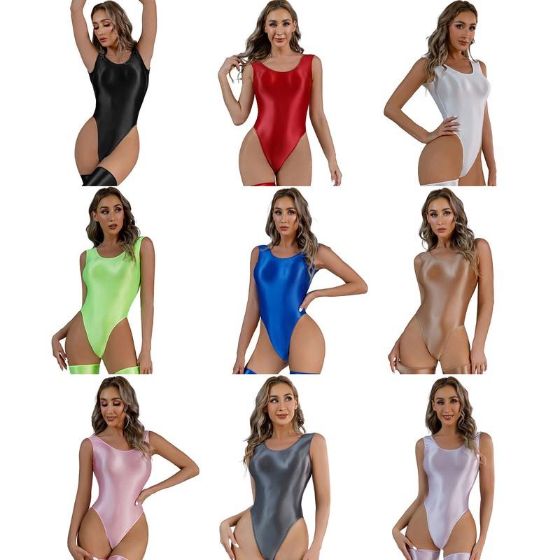 Womens Glossy High Cut Thong Bodysuit Leotard High Elasticity Lingerie Swimwear
