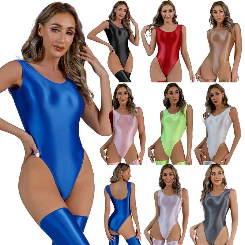 Womens Glossy High Cut Thong Bodysuit Leotard High Elasticity Lingerie Swimwear