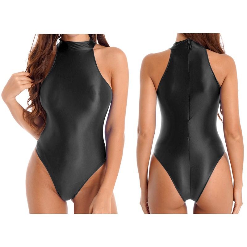 Womens Glossy Oily Leotard Sleeveless Mock Neck Swimwear Jumpsuit Top Swimsuit
