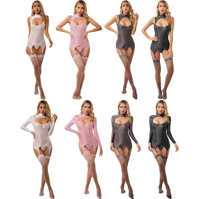 Womens Glossy Sheer Lingerie Suit Bodysuit With Garters And Thigh High Stockings
