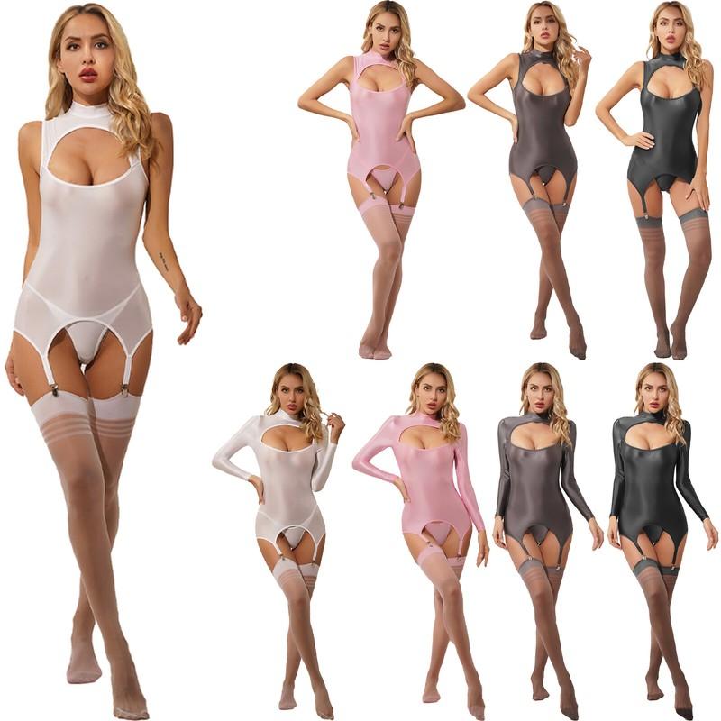 Womens Glossy Sheer Lingerie Suit Bodysuit with Garters and Thigh High Stockings