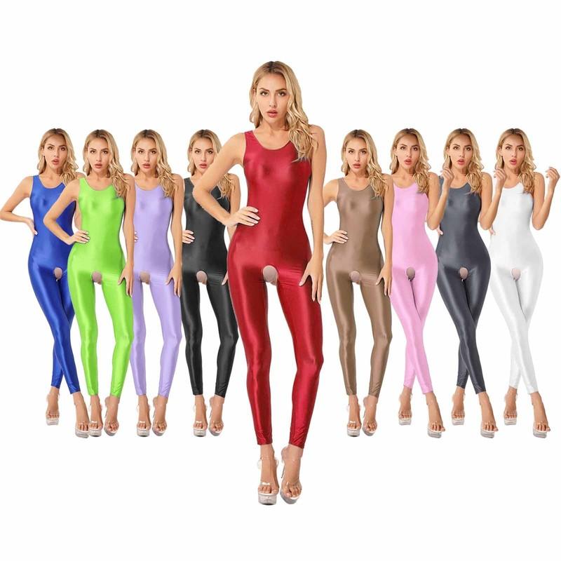 Womens Jumpsuits Shiny Leotard Glossy Bodysuit Solid Color Nightwear Bodycon