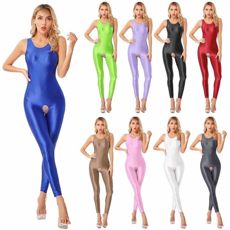 Womens Jumpsuits Shiny Leotard Glossy Bodysuit Solid Color Nightwear Bodycon