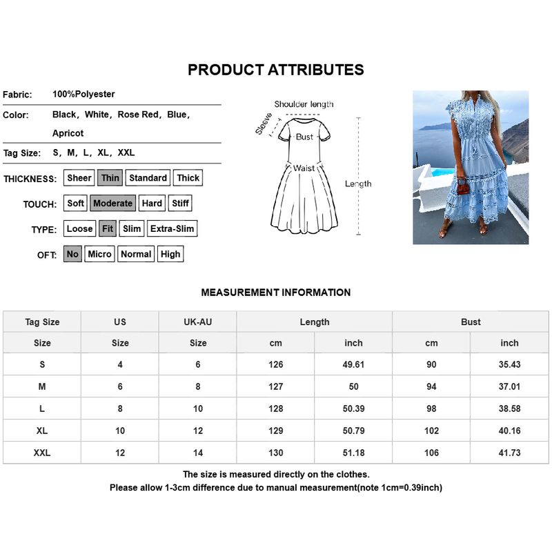 Womens Lace Short Sleeve Hollow Out Long Dress Summer Holiday Beach Sundress