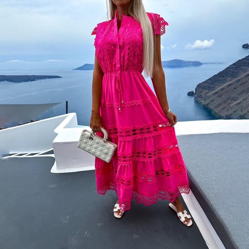 Womens Lace Short Sleeve Hollow Out Long Dress Summer Holiday Beach Sundress