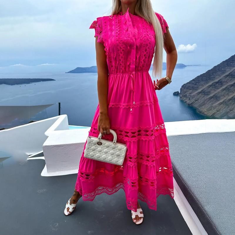 Womens Lace Short Sleeve Hollow Out Long Dress Summer Holiday Beach Sundress