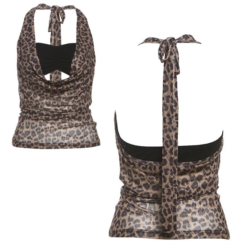 Womens Leopard Print Halter Crop Tops Bandeau Cowl Neck Backless Vest Fashion