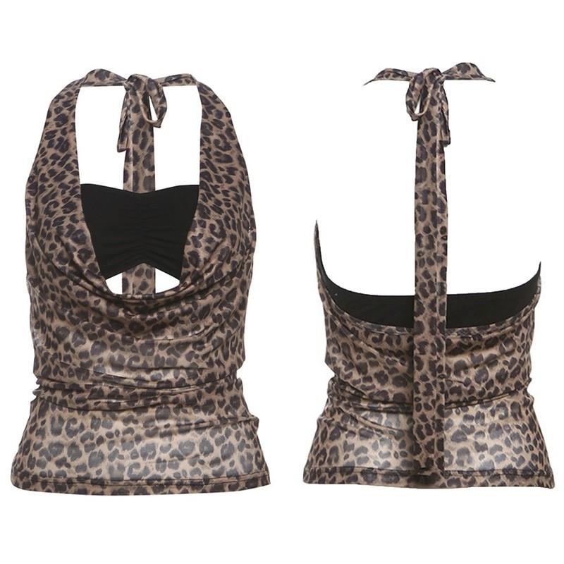 Womens Leopard Print Halter Crop Tops Bandeau Cowl Neck Backless Vest Fashion