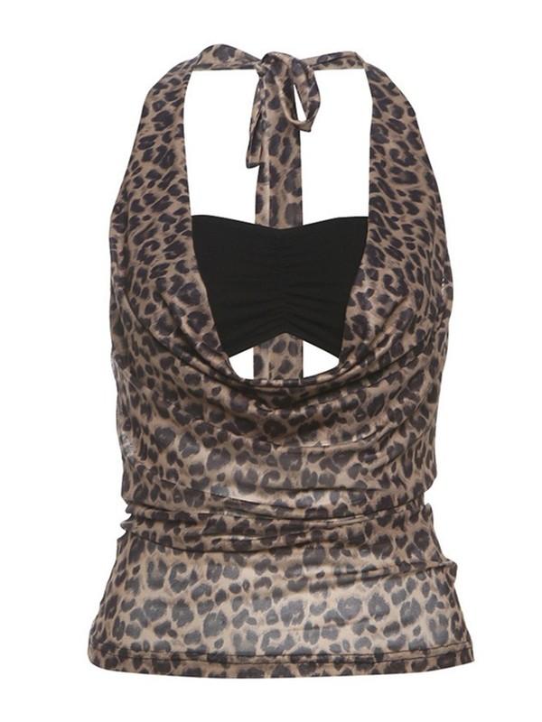 Womens Leopard Print Halter Crop Tops Bandeau Cowl Neck Backless Vest Fashion
