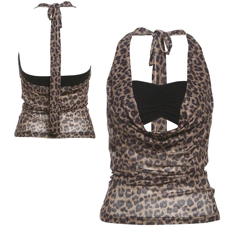 Womens Leopard Print Halter Crop Tops Bandeau Cowl Neck Backless Vest Fashion