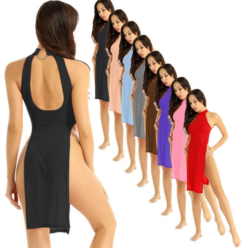 Womens Lingeries Dress Ultra Thin Nightgown High Slit Leg Cheongsam Nightwear