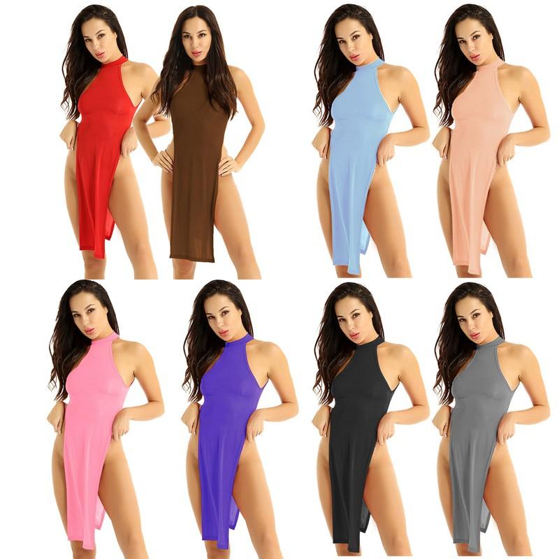 Womens Lingeries Dress Ultra Thin Nightgown High Slit Leg Cheongsam Nightwear