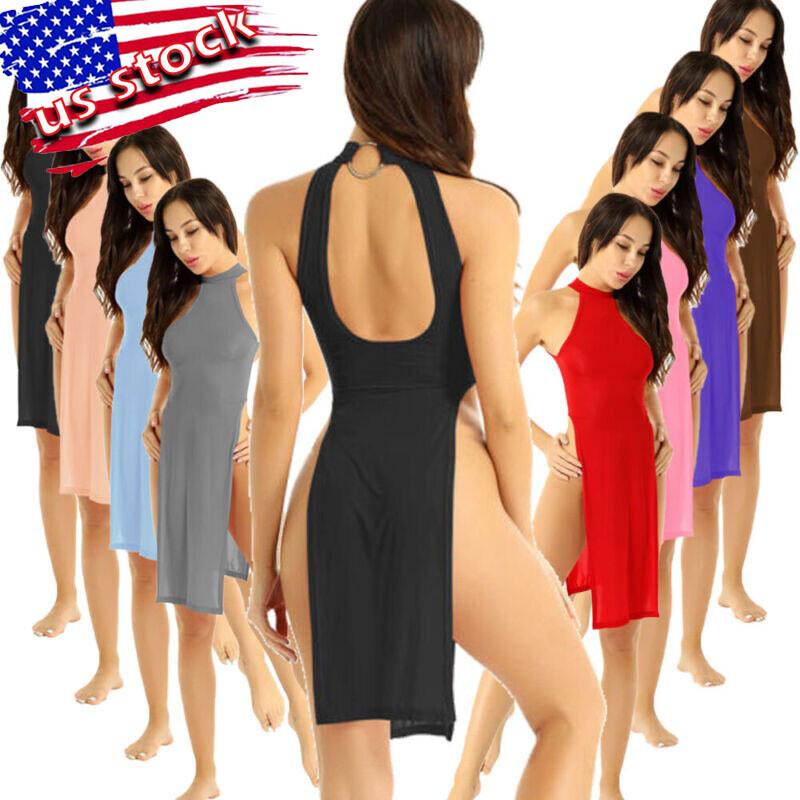 Womens Lingeries Dress Ultra Thin Nightgown High Slit Leg Cheongsam Nightwear
