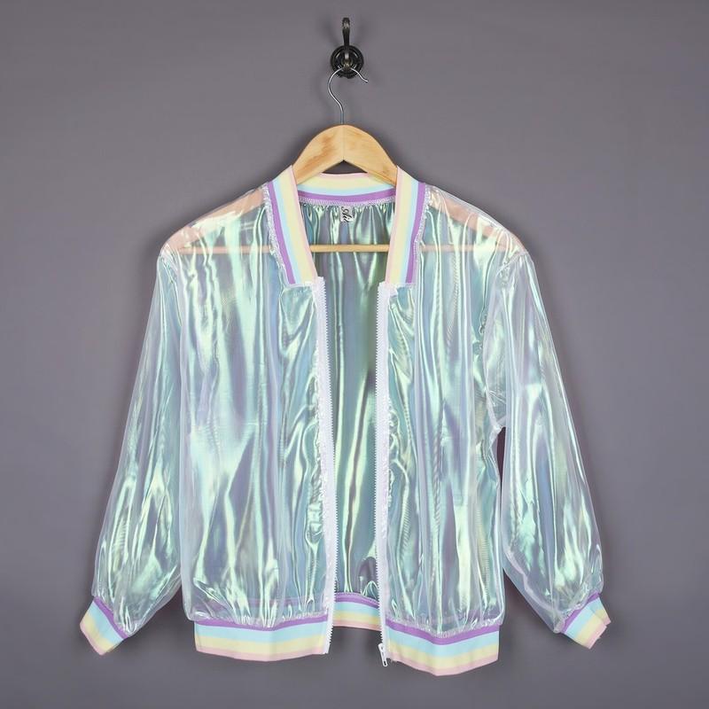 Womens Long Sleeves Holographic Clear Jacket Iridescent Coat Zipper See Through