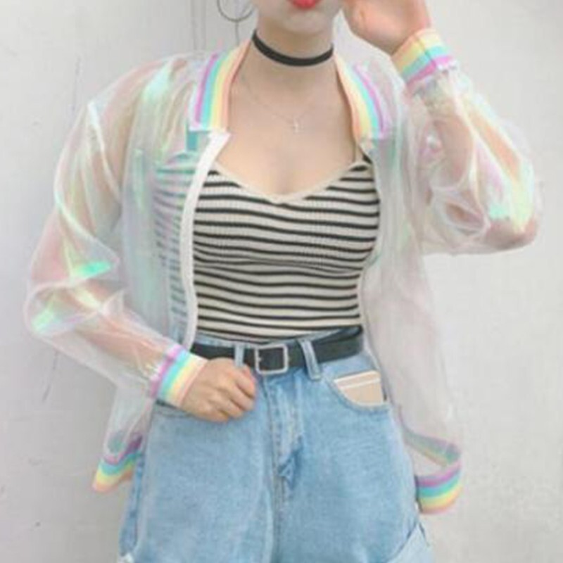 Womens Long Sleeves Holographic Clear Jacket Iridescent Coat Zipper See Through